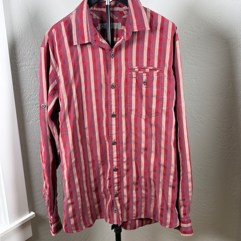 REI Co-Op Modal Blend RedStriped Button Down Shirt Outdoor Casual Travel Size L